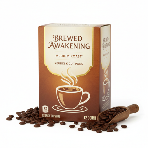 Brewed Awakening Medium Roast K-Cups box with coffee beans